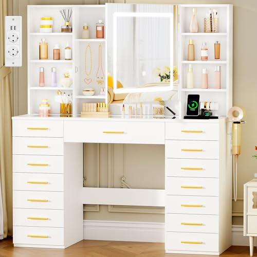 ANWBROAD Grande Toeletta da Trucco con Specchio e Luci Luminosità Regolabile,Toletta con Piano in Vetro,Postazione Trucco con Prese,Tavolo da Trucco con 15 Cassetti 9 Ripiani Aperti Bianco BDT25W