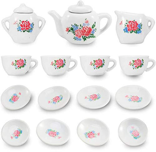 17 Pieces Floral Miniature Porcelain Ceramic Tea Set - Pretend Play Kids Toy Mini Kitchen Playset, Fun Doll Dramatic Play for Little Girls, Kids