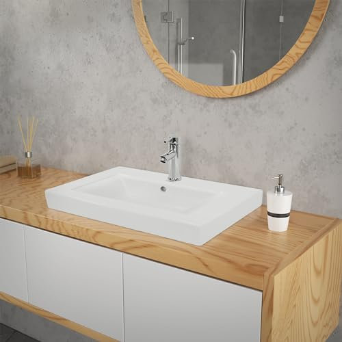 ECD Germany Lavabo à Encastrer de Salle de Bain, 605x465x160 mm, en Céramique, Blanc, avec Trop-Plein et Trou de Robinet, Vasque Encastrable Évier Lave-Mains pour Toilette, Design Moderne