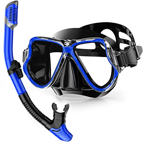 QcoQce Schnorchelset für Erwachsene, Trocken Schnorchel mit Anti-Fog und Anti-Leck Tauchmaske aus Gehärtetem Glas, Panorama Sicht und Leichtes Atmen für Schnorcheln und Tauchen