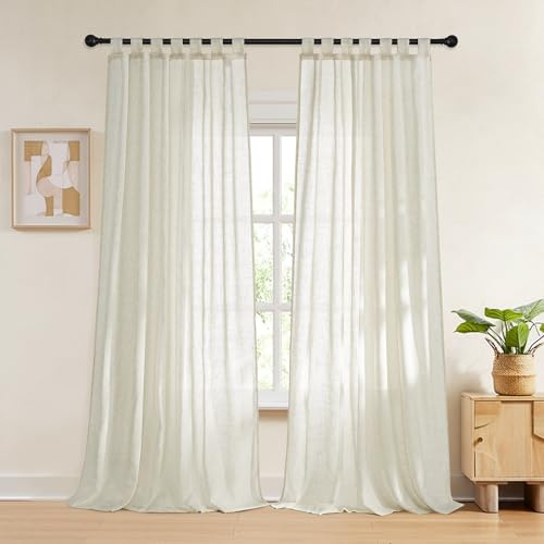 RYB HOME Linen Sheer Curtains 84 inch Long - Semi Sheer Curtains Linen Textured Tab Top Window Drapes Light Glare Filtering Privacy for Living Room Bedroom, 52 Wx 84 L, 1 Pair