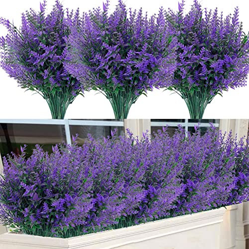 Jewlri 12 Bündel Künstliche Lavendel Künstliche Kunstblumen Lila Büsche Unechte Pflanze Sträucher Plastikblumen Deko Innen für Haus Garten Fenster Veranda Arrangement Hochzeit
