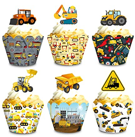 Construction Cupcake Toppers and Wrappers, Set of 24pcs Tractor Digger Truck Forklift Dump Bulldozer Road Roller Engineering Themed for Kids Boys Happy Birthday Baby Shower Party Supplies