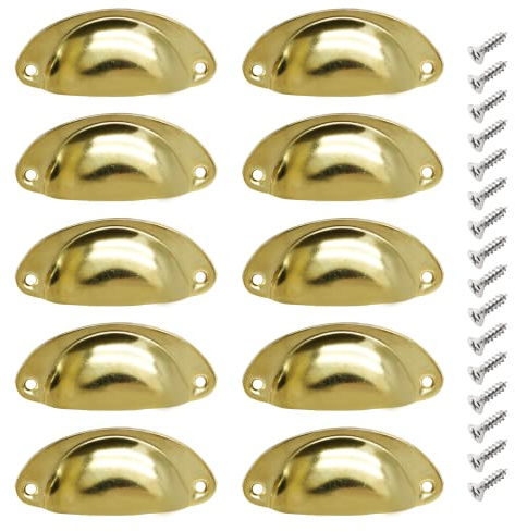 Unlorspy 10 maniglie in metallo per tazze, manico a forma di conchiglia da 3,2 cm, manico a semicerchio con viti di montaggio per cassettiera, cassetti e armadi da cucina (oro)
