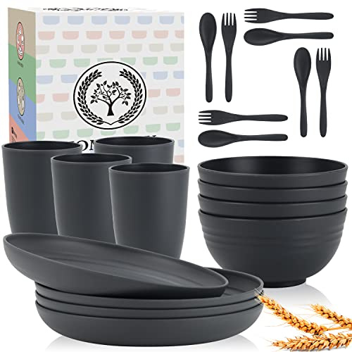 Wheat Straw Dinnerware Sets, Homienly 20pcs Unbreakable Microwave Dishwasher Safe Tableware Lightweight Bowls, Cups, Plates Set Reusable Dinner Plates Bowls set (Dark Grey)