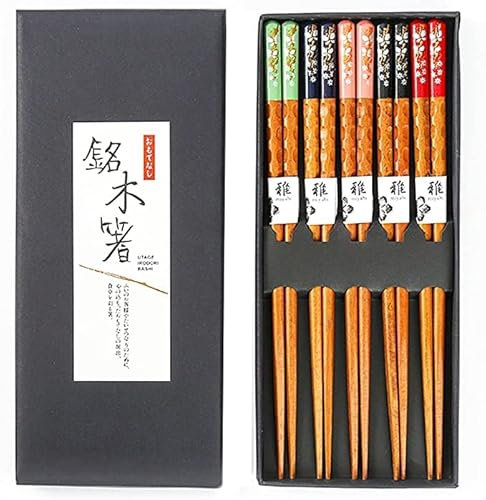 5 Paires Baguettes en Bois Massif à Pointe Japonaise pour la Maison - Multicolore Réutilisables Baguettes Lavables au lave-vaisselle, Bâtons Chinois avec Motif Fleurs de Cerisier, 22,5 cm