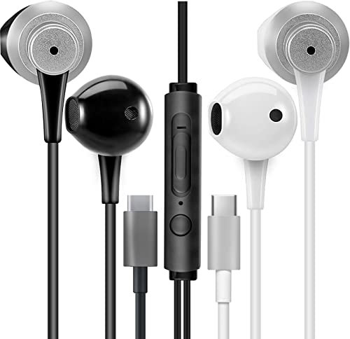 MAS CARNEY Auriculares con Cable Tipo C TH4, Cascos USB C, Auriculares con Micrófono para Samsung, Huawei, Google Pixel y Otros Teléfonos Inteligentes con Interfaz Tipo C- Negro/Blanco (Negro/Blanco)