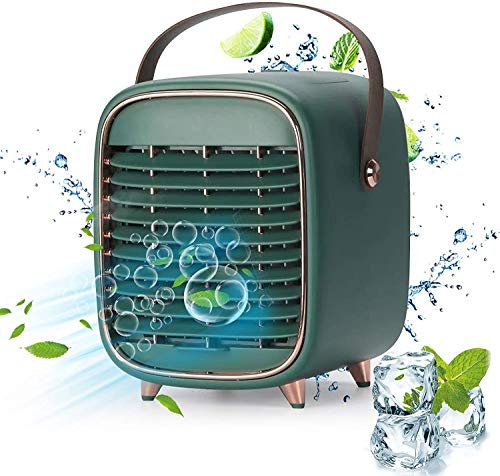 Ventilador de aire acondicionado portátil, enfriador evaporativo recargable, ventilador de escritorio alimentado por batería con asa, nebulización de 3 velocidades for habitaciones pequeñas, oficinas,