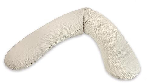 Theraline Das Original Schwangerschaftskissen & Stillkissen 190cm – Seitenschläferkissen Stillkissen Perlen – inkl Stillkissenbezug Sandbeige Musselin