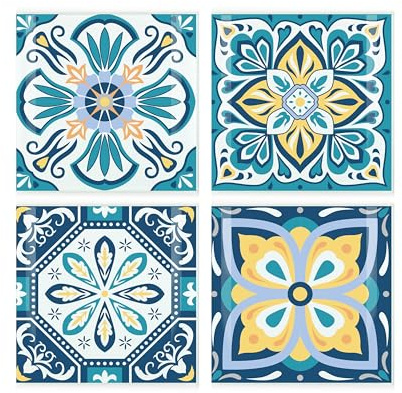 Juego de 4 posavasos de azulejos griegos - Diseño mediterráneo cuadrado de cristal - Juego de 4 posavasos