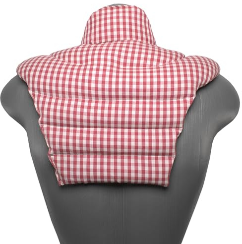 Cojín térmico para las vértebras cervicales – Cuello+hombros+espalda. Algodón biológico a cuadros rojo y blanco. Almohada térmica cervical con semillas de grosella. Saco caliente y frio. Cojín de nuca