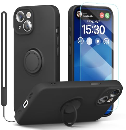 pcgaga Silicone Phone Case for iPhone 15 with Screen Protector [Ring Holder Stand] [Wrist Strap] [Microfiber Lining] Slim Shockproof Protective Cover, 6.1, Black