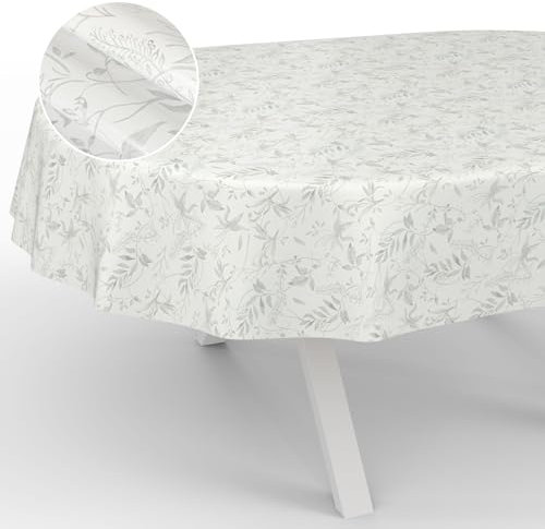 Wachstuch-Tischdecke Tischdecke abwaschbar Wachstuch Garten-Tischdecke Outdoor Indoor Oval 200x140cm Schnittkante Blätter Grau