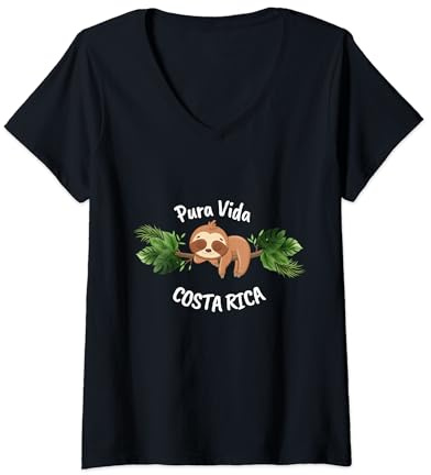 Damen Pura Vida Costa Rica Faultier Relaxing T-Shirt mit V-Ausschnitt