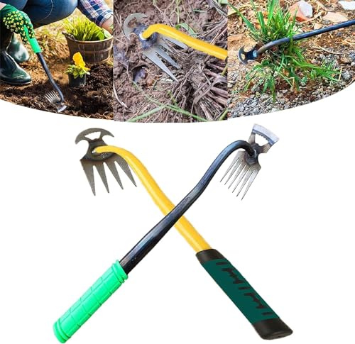 2Stück Gartenarbeit Hand Unkrautstecher, Wurzeljäter Manuelles Unkrautjätgerät mit Stiel, Edelstahl 2 in 1 Hohl Hacke and Harke Unkraut Entferner Gerät, Unkrautjäter für den Garten Jäten Lockern Säen