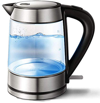 Bollitore elettrico in vetro, bollitore ecologico da 1,7 litri, bollitore senza fili con coperchio e base interni in acciaio inossidabile, protezione spegnimento automatico e asciugatura a secco, 1800