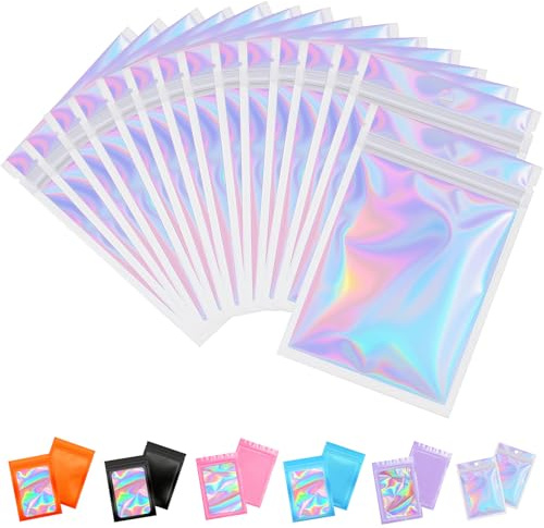 50 st mylar holografiska väskor 10,5 x 15 cm, folieluktsäkra mylar-påsar återförslutningsbara söta påsar, små plastpåsar provpåsar för läppglans, smycken, ögonfransar, matförvaring gåva grepp folie