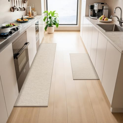 LEKEEPGO 2 Stück Küchenteppich, Küchenläufer, Teppich Läufer Küche, Beige | 43.5x75cm+43.5x150cm, Rutschfest, Schmutzabweisend, Absorbierend, Auslaufsicher, Waschbar, Leicht zu Reinigen,für Küchen,Flur