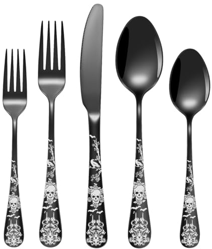 XIAOYU 5 Piece Black Bizarre Skull Silverware Set, Gothic Stainless Steel Flatware Set, Unique Skull/Crow/Flower/Bat Pattern Design, Halloween Cutlery Set Festival Tableware Utensils