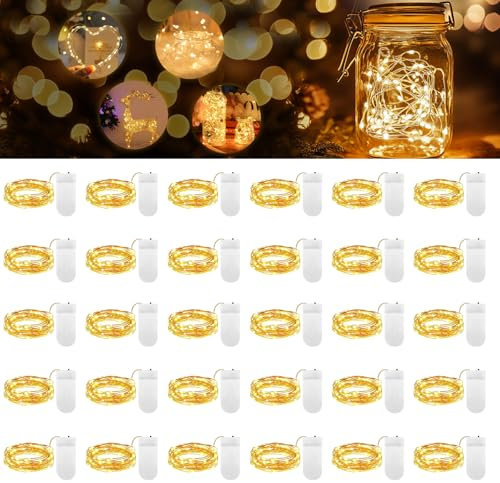 Stringa Luci LED a Batteria, 30 Pezzi 10 LED 1M Mini Lampada a Fili di Rame Bianco Caldo Catena Impermeabile Luminosa Decorative Natale per Casa Interni e Esterni Feste Matrimonio Bottiglie Fai da te