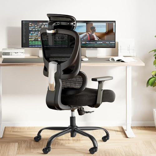 Marsail Ergonomischer Bürostuhl Schreibtischstuhl mit Verstellbarer Lendenwirbelstütze,Ergonomischer Stuhl 90-135° Schwenkung mit Verstellbarer Kopfstütze und 2D-Armlehnen für das Heimbüro,Studie