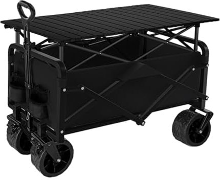 Bollerwagen Faltbar Strand Mit Tisch Gartenwagen Mit Kippfunktion Verstellbarer Griff Handwagen Garten Transportkarre Camping Für Camping, Einkaufen, Garten(/Black)