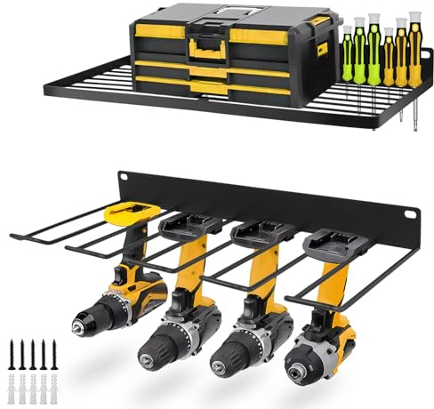 HOTOOLME Drill Holder Wall Mount Power Tool Storage,Heavy Duty Drill Tool Rack Drill Organizer Power Tool Organiser for Garage Storage (5 Slots +1 Shelf)