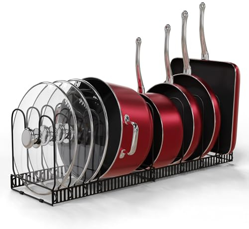 Homiu Expandable Pots Pans Organiser | Pan Organiser for Cupboard |10 Adjustable Divider | Rack for Cabinet | Cupboard Kitchen Cookware Organiser Bakeware Lid Plate Holders