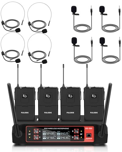 FULODE UG-550 - Microfono lavalier wireless, sistema microfonico UHF professionale a 4 canali con 4 microfoni Lavalier e 4 microfoni per cuffie, per canto, riunioni, chiesa, eventi, TV (4 bodypack)
