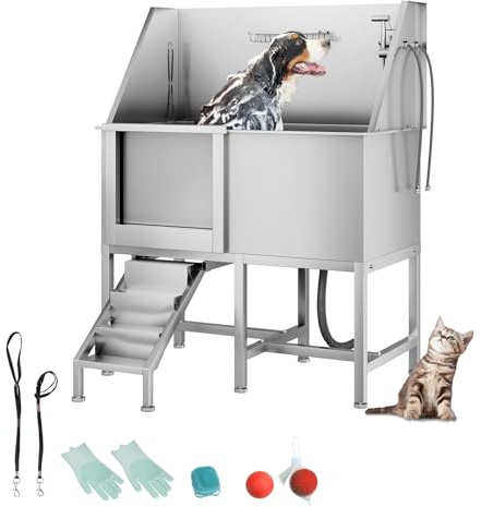 50 Pet Dog Bathing Station, Stainless Steel Dog Bathtub W/Ramp, Floor Grate, Dog Bath Brush, Washing Gloves for Home, Professional Dog Washing Station for Pets (50 Inch Left Door)