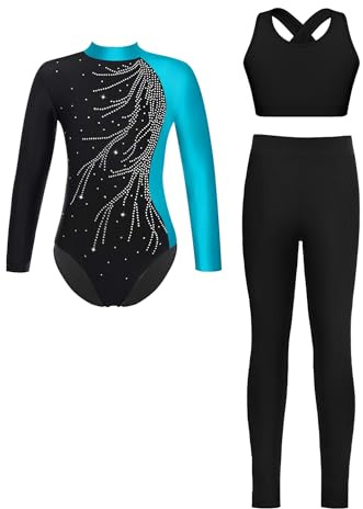 iiniim Mädchen Turnanzug Glitzer Langarm Gymnastikanzug mit Hose Eiskunstlauf Body Overall Gymnastik Leotard Trikotanzug Wettbewerb Tanzkostüm A Blau 146-152