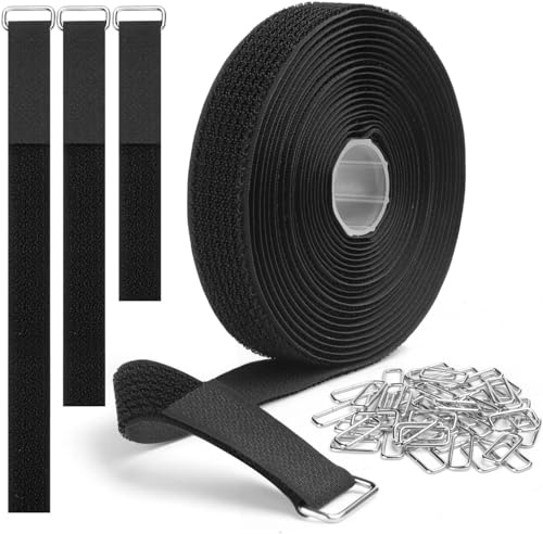 Adjustable Cable Strap, 5m Fastening Tape Hook and Loop Cable Ties with 25 Buckles Self Adhesive Cable Ties for Secure Wire Management and Cord Organisation (Black)