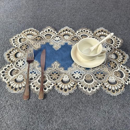 Deckchen für Tische, 4 Stück, 30 x 45 cm, europäischer Stil, Zuhause, Restaurant, Spitze, PU-Leder, Platzsets, Blau