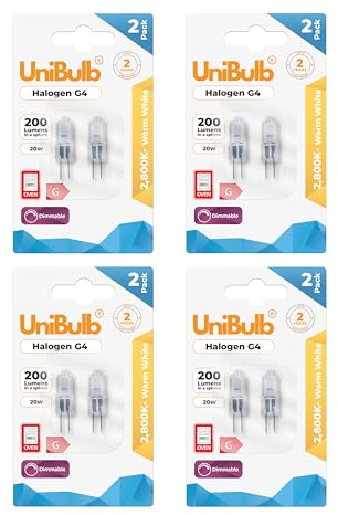 Unibulb G4 Halogen Capsule Light Bulb, 200 lumens, 20W, 2 Pin Base, 2800K (Warm White), 300℃ Heat Tolerant for Oven/Microwave, Dimmable, 2yr Lifespan (8)
