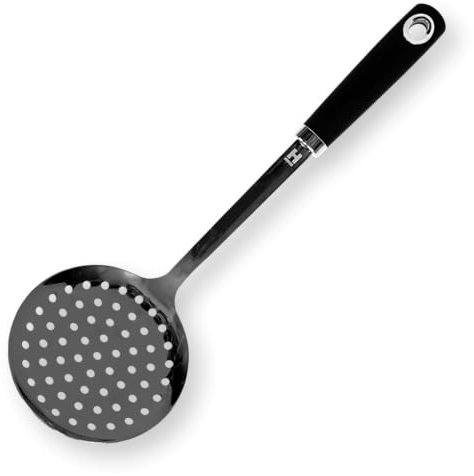 HENSSLERS® Schaumlöffel Edelstahl [MIT SCHWARZER TITANBESCHICHTUNG] - Schaumkelle Edelstahl - Abseihlöffel zum Abschöpfen, Abseihen oder Servieren von Speisen - Sieblöffel - Spülmaschinengeeignet