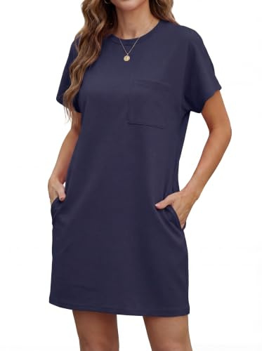 GRECERELLE Vestido de verano para mujer de manga corta, elegante, cuello redondo, casual, vestido de playa, con bolsillos, monocolor, vestido de verano, camiseta ligera y fresca, vestidos de ocio