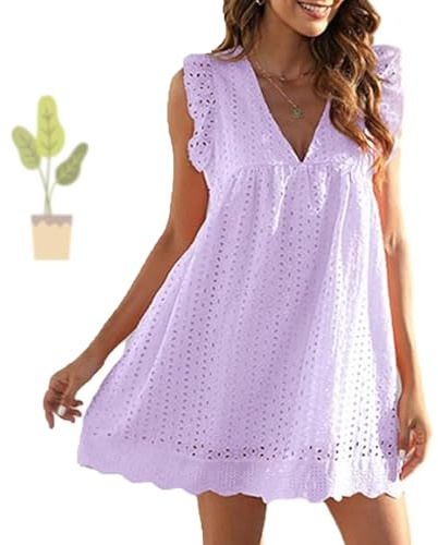 Generisch Pickelect California Robe grenouillère en dentelle avec short en dessous, robe californienne, barboteuse à manches volants, col en V, couleur unie, lilas, XXXXL