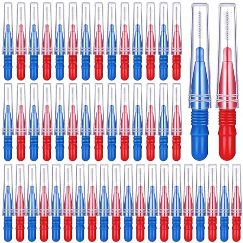 Interdentalbürsten, Zahnstocher, Zahnseide-Sticks für Zähne, Interdentalbürsten zur Reinigung von Zahnzwischenräumen (blau + rot), 50 Stück