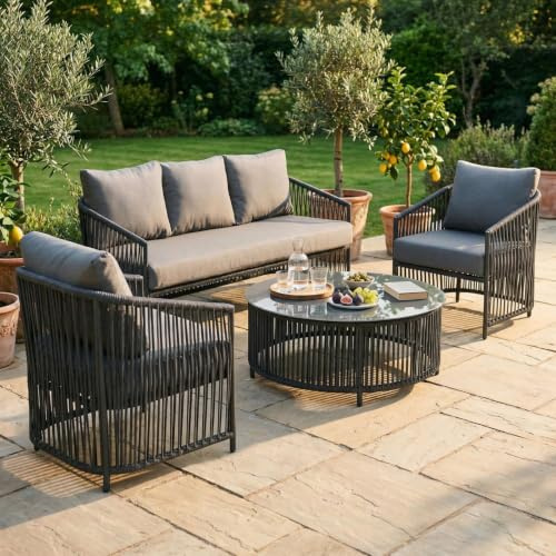 IDIMEX Outdoor Sofa Set KULO 4-teilig, grau – Lounge-Set aus Aluminium mit Rope-Bespannung, Couchtisch mit Glasplatte, inklusive 5 bequemer Kissen, wetterfest für Balkon Terrasse Garten