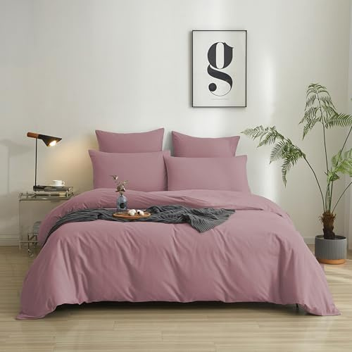 Luowei Biancheria da letto in cotone 155 x 220 cm, estetica estiva rosa chiaro, copripiumino al 100% in cotone lavato, morbido cotone certificato Oeko-TEX, set con chiusura lampo e 1 federa da 80 x 80