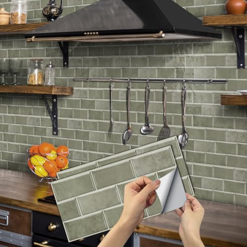 BUYBLIFE Kitchen Tile Stickers, 12PCS Brick Bathroom Self Adhesive Peel and Stick Wall Stickers Vinyl Splashback Wall Stick on Tiles for Home Decor 15x30 cm