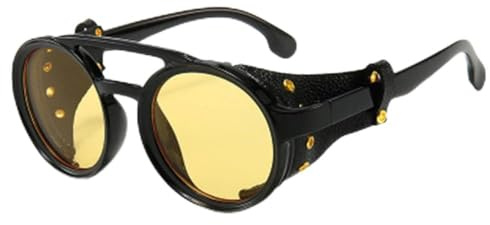 KTUCN Gafas de sol Steampunk para hombre, de cuero, redondas, con visión nocturna, estilo punk vintage, para senderismo, conducción, con protección UV400, color amarillo (visión nocturna