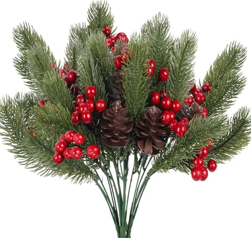 pangutheos 4 Stück Weihnachtszweige mit Roten Beeren und Tannenzapfen, Künstliche Tannenzweige Beeren Kann für Weihnachtsdekorationen Verwendet Werden