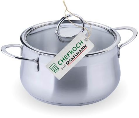 FACKELMANN Chefkoch Kochtopf mit Glasdeckel Leipzig – ø20cm Edelstahl 18/8, Aluminium-Kern, für alle Herdarten inkl. Induktion – spülmaschinengeeignet