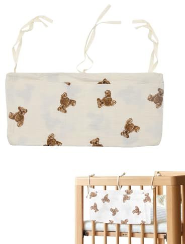 FUGLUS 1 pieza Organizador Cuna, Bolsas de Almacenamiento Colgantes para Cama de Bebé, Bolso para Pañales, Juguetes y Ropa(Estampado de oso)