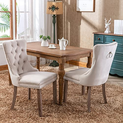 Set di 2 Sedie da Pranzo, Set di 2 Sedie da Cucina, Sedie da Sala da Pranzo con Schienale Alto in Velluto, Sedia da Pranzo Imbottita Morbida con Gambe in Legno, decorazione con rivetti, Beige