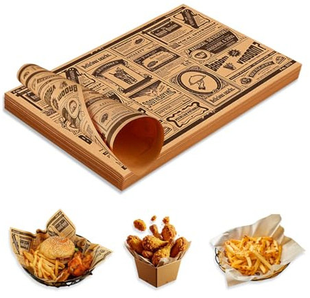 100 Stück Backpapier Zeitungsoptik, Lebensmittelgerechtes Kraftpapier Butcher Paper, Ölbeständiges Burger Papier, Backpapier Zuschnitte Käsepapier, Butterbrotpapier für Küche Café Picknick,30×20 cm