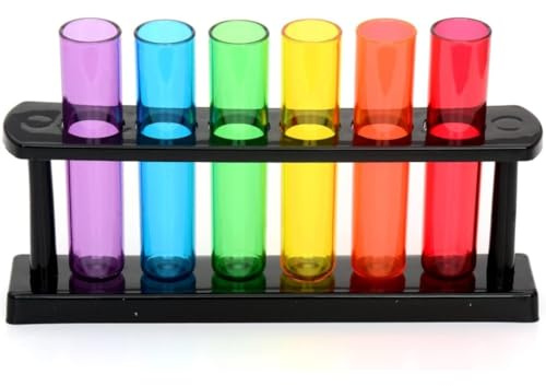 LND, Test Tube Shots Plastic Glasses, Novelty Shot Glasses Set: Plastic Test Tubes with Stand - Perfect Chemistry Gifts for Him or Her, Home Bar Gifts, Seedling, Flower Stem Vases, 6 Assorted Colours