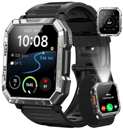 Blackview Reloj Inteligente Hombre Militar - 2.01” Smartwatch Hombre con Linterna, Brújula, Llamadas Bluetooth, Pulsómetro, Monitor de Sueño, Reloj Deportivo con Podómetro, 100+ Modos Deportivos