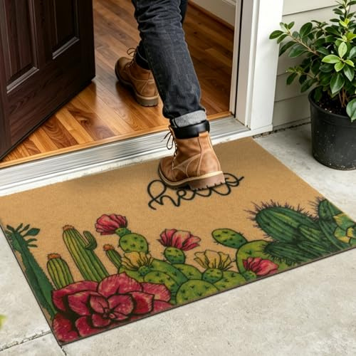 SHACOS Schmutzfangmatte 60 x 90 cm Fußmatte Innen Fussmatten Haustür Waschbar Fußabtreter Innen rutschfeste Türmatten für Eingang, Flur, Kaktus